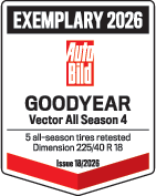 Priznanje Auto Bild »Vzorno 2026« za pnevmatiko Goodyear Vector All Season 4, dimenzije 225/40 R18